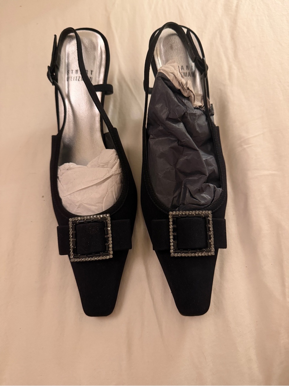 Stuart Weitzman Black Fabric Crystal Buckle Slingback Pumps - Pointy Square Toe